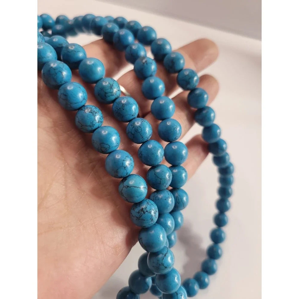 Blue Black Veined Round Bead Long Necklace Southwestern Boho Statement Jewelry